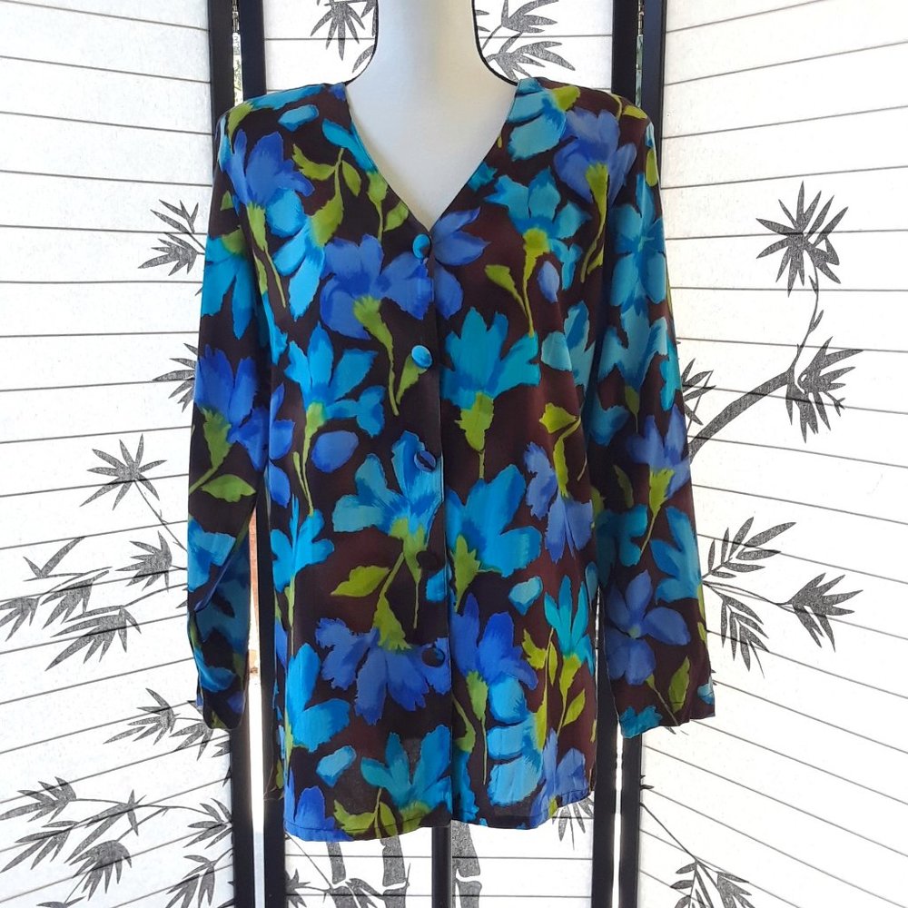 Vintage 1990s Oversized Blue Floral Rayon Button Down Blouse